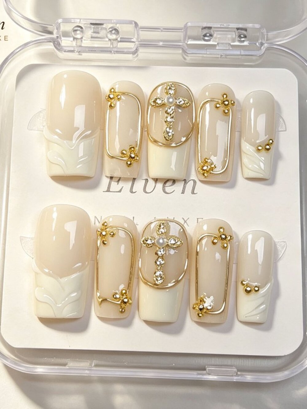 Cream Nude White French Tip Press On Nails with Gold Cross Charms Long Square